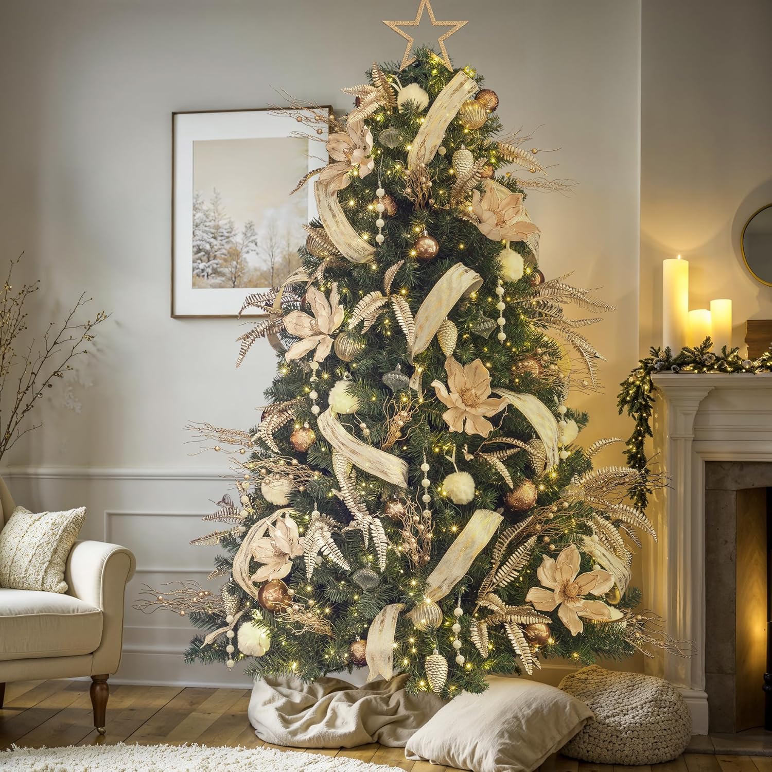 KI Store 7ft Christmas Tree with Decorations and Lights Champagne Gold All-in-ONE Completed Christmas Tree Decorations Including 7 Feet Xmas Tree, Ornaments, LED String Lights with Remote