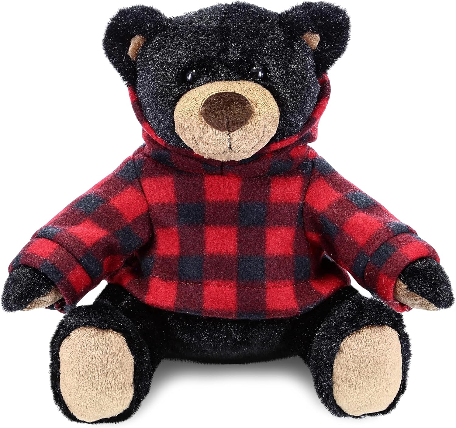 DolliBu Plush Black Bear with Red Plaid Hoodie - Soft Huggable Wild Life Bear, Adorable Playtime Zoo Black Bear Plush, Cute Cuddle Gift for Kids and Adults
