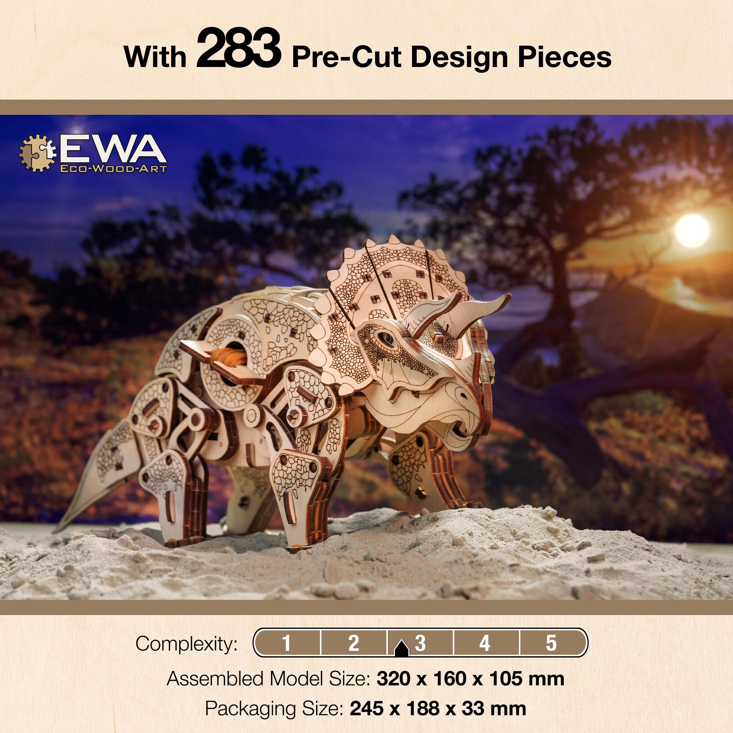 EWA Eco-Wood-Art - Triceratops de Dinosaurio - Rompecabezas mecánico 3D de Madera - Rompecabezas para Adultos y Adolescentes - Montaje sin Pegamento - 283 Piezas