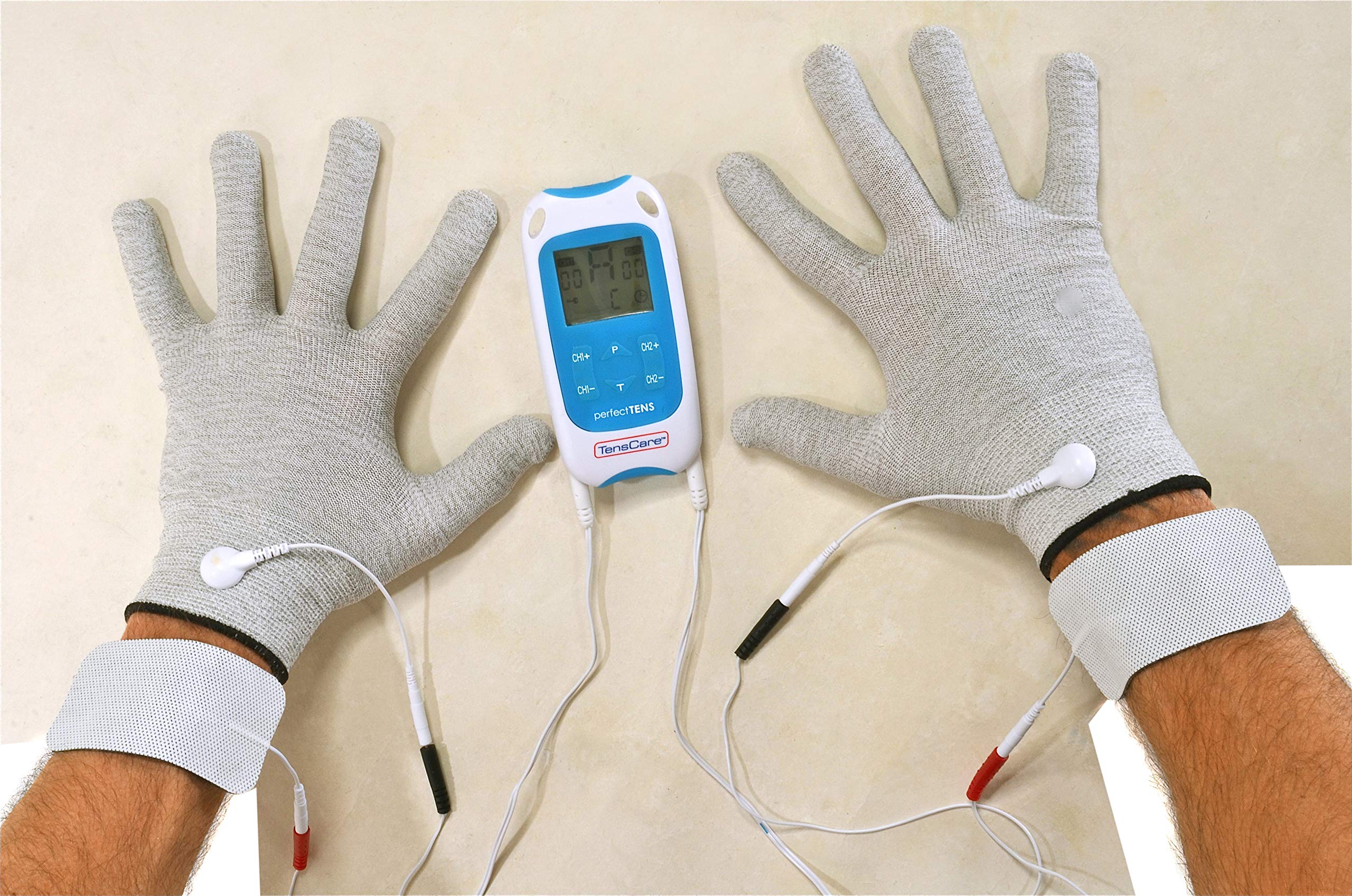 TensCare Perfect TENS + Guantes Conductores para Manos Talla M | Máquina TENS de 2 canales para dolor de manos, artritis, circulación y movilidad.