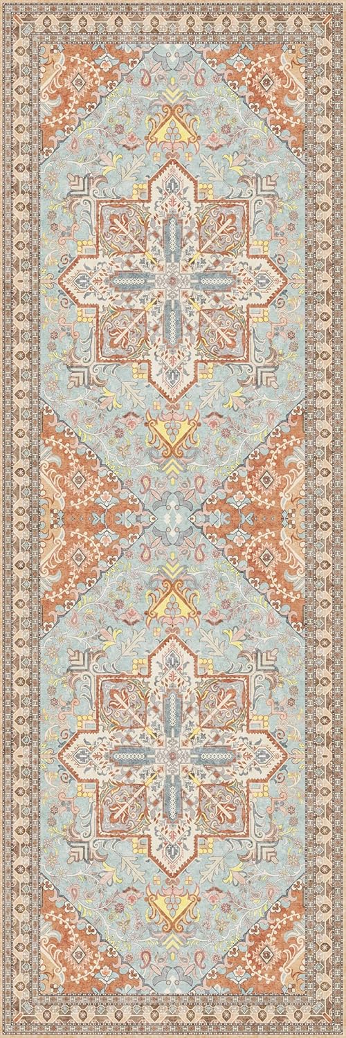 Washable Runner Rug 2x6 | Non Slip Rug Runners for Hallways, Entryways, Kitchens, Bathrooms, Bedrooms | Ultra-Soft Flannel Carpet Runners with Rubber Backing (Light Teal/Rust, 2x6)