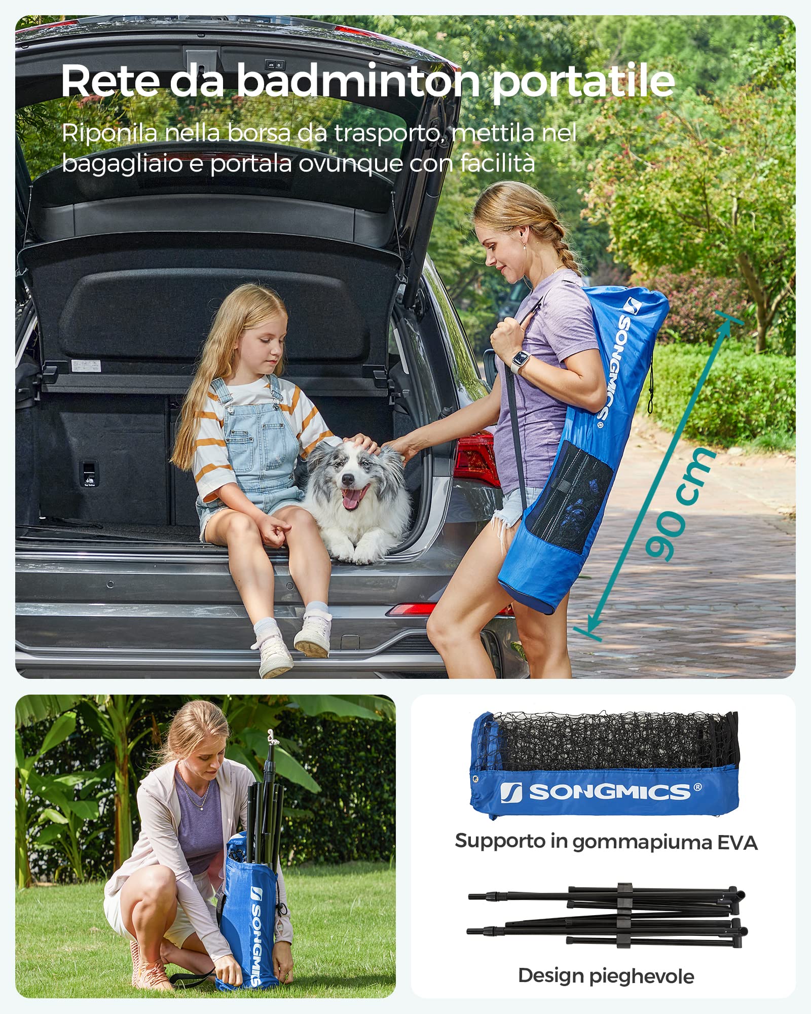 SONGMICS Rete da badminton da 3 m, rete da pallavolo, altezza pali regolabili, set portatile per tennis