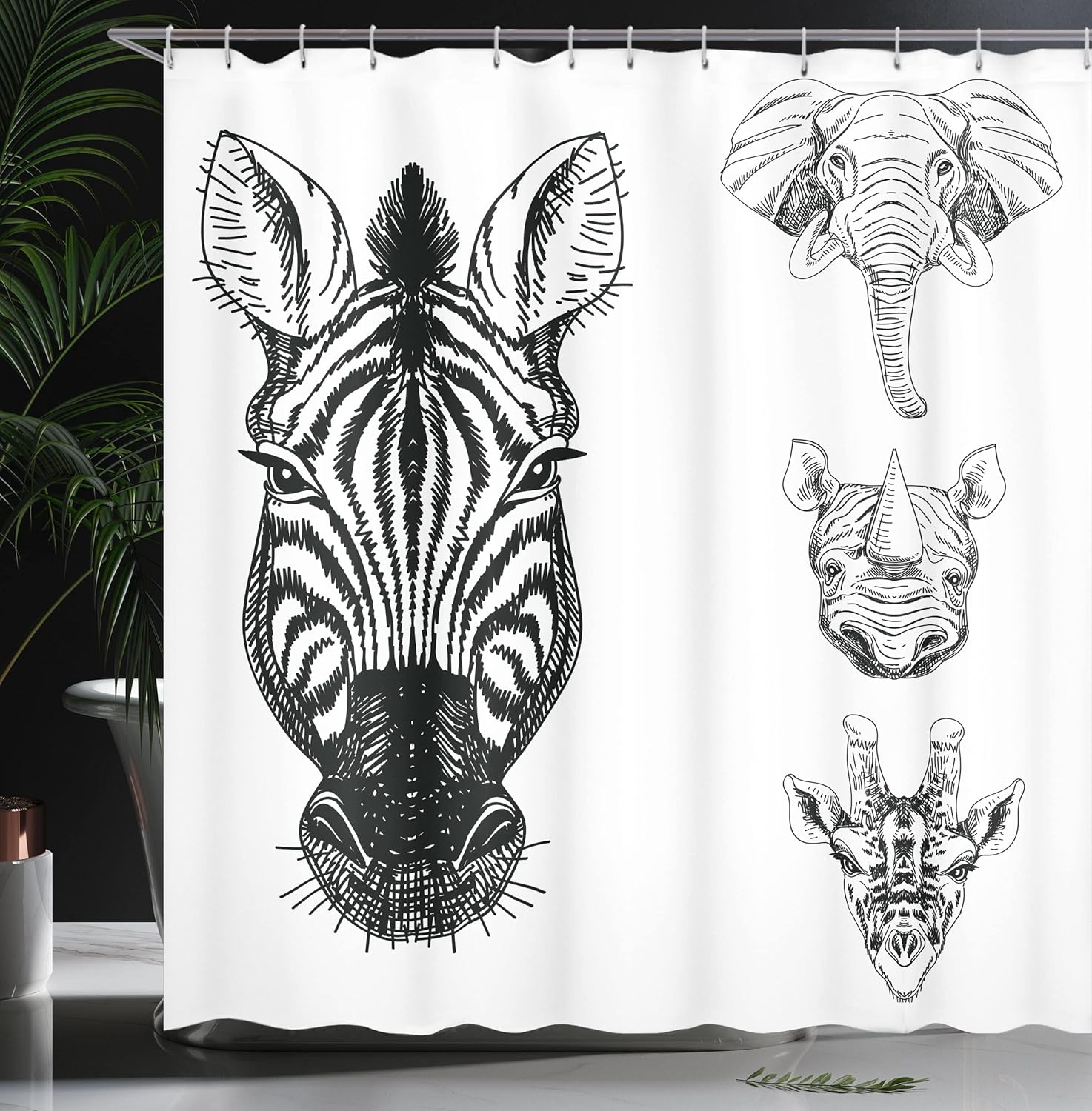 Ambesonne Animal Shower Curtain, Monochrome Sketch of Zebra Giraffe Heads Wildlife Animal Zoo Image, Cloth Fabric Bathroom Decor Set with Hooks, 69" W x 75" L, White and Black