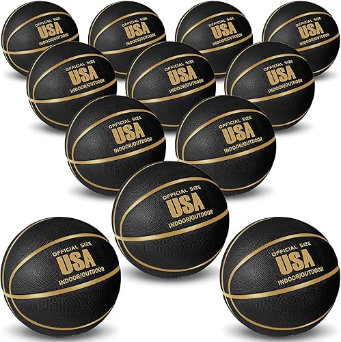 Lenwen Baloncesto de baloncesto de 12 piezas de tamaño oficial, tamaño 7, negro y dorado, estampado de goma con bomba para interiores y exteriores,