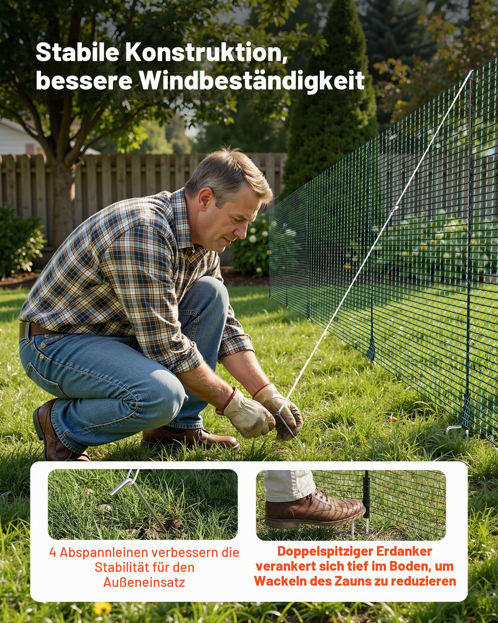 VEVOR Begrenzungszaun 15x0,9 m, Weidezaun aus PE, Mobiler Hundezaun mit Doppelspitzenpfählen & Abspannseilen, Hühnerzaun, Gartenzaun, Campingzaun für Hunde, Hühner, Pflanzen, Außenbereiche