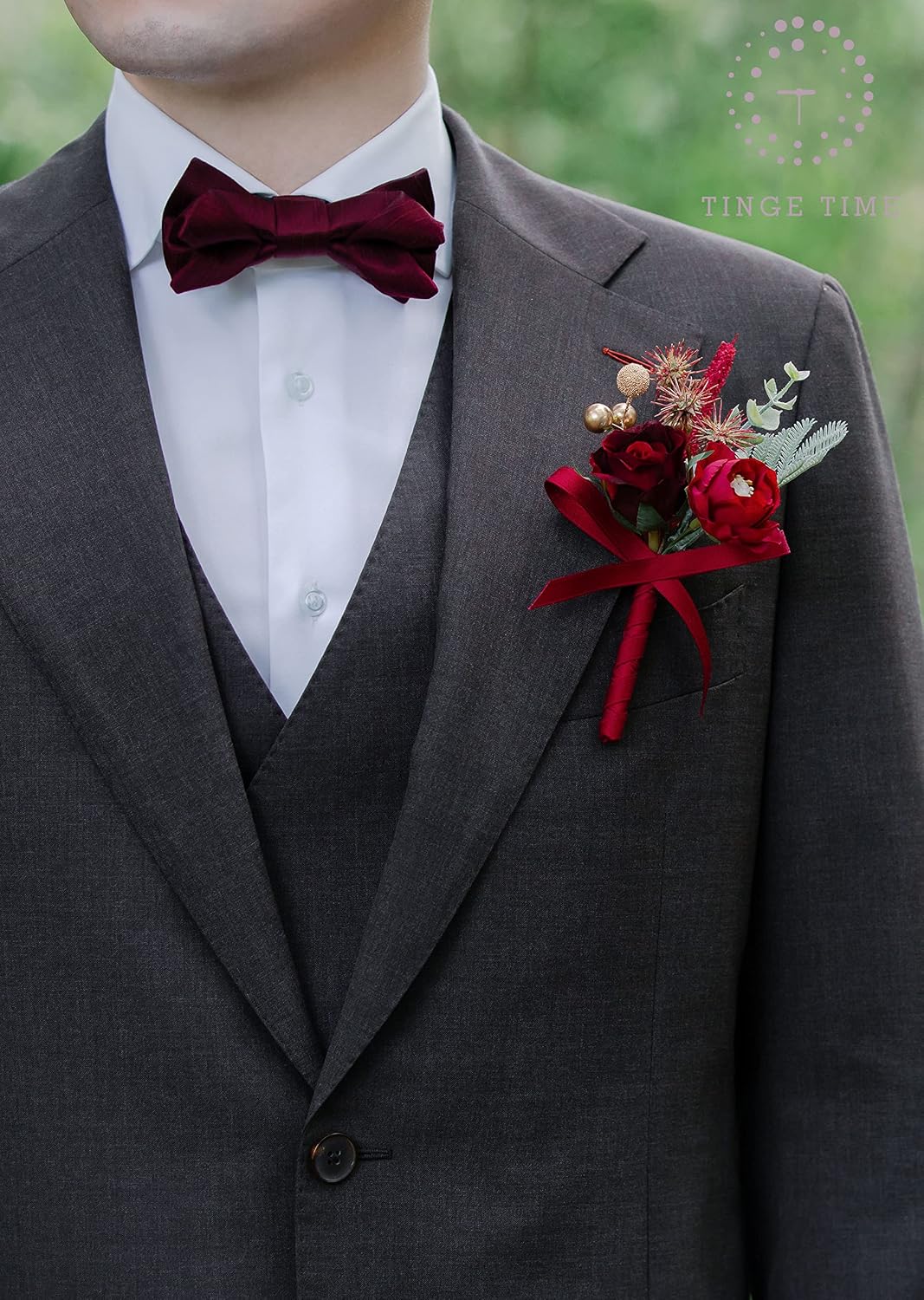 TingeTime Boutonniere for Men Wedding,Groom and Best Man Boutonniere for Wedding Ceremony Anniversary, Formal Dinner Party and Rustic Spring Wedding Marriage (6, Deep Red)