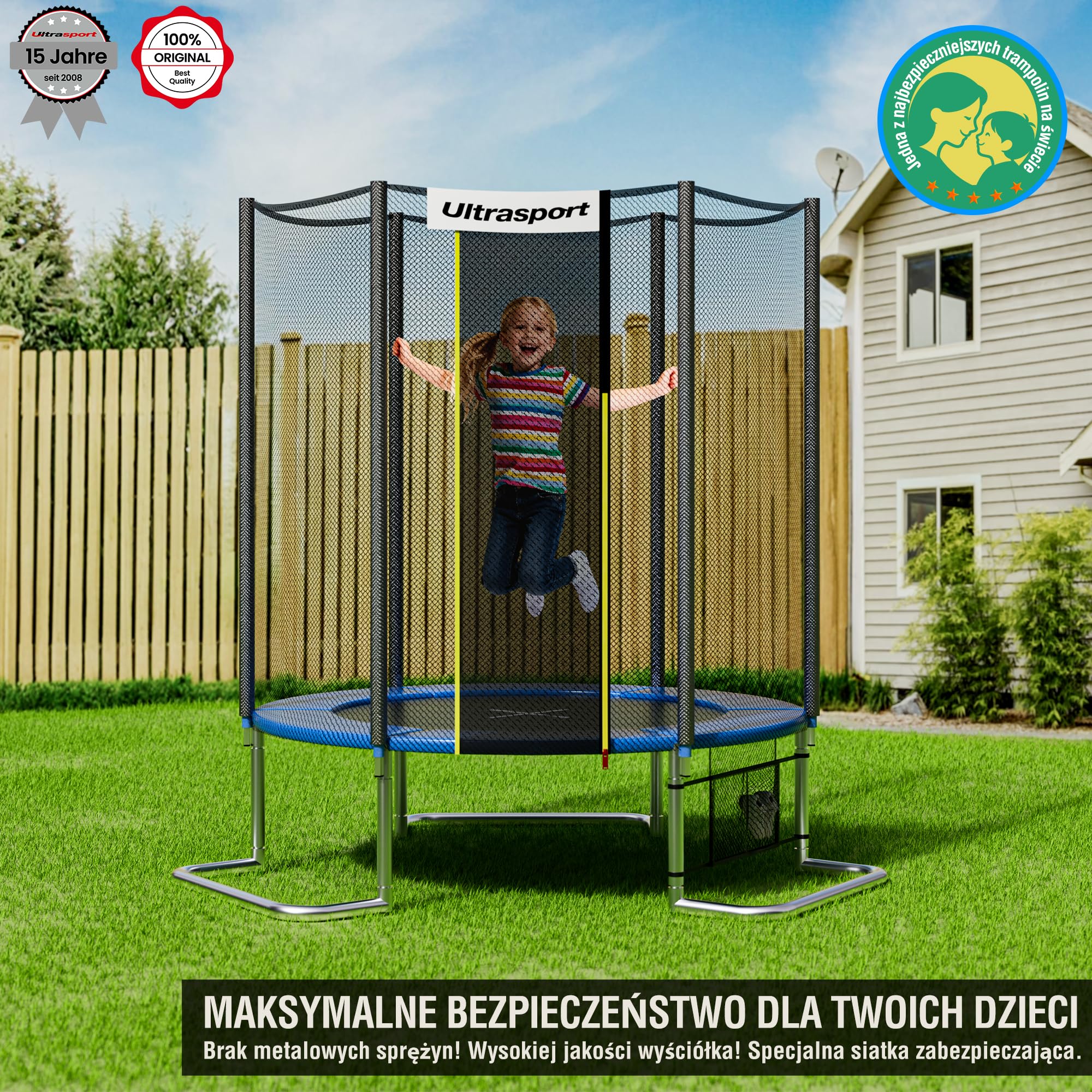 Ultrasport Trampolina ogrodowa Jumper, Ø 251cm, tym mata skakani, sprężynami, siatką zabezpieczającą, wyściełanym słupkiem i ochroną krawędzi, warunki atmosferyczn, maks. obciążenie 120 kg, Niebieski
