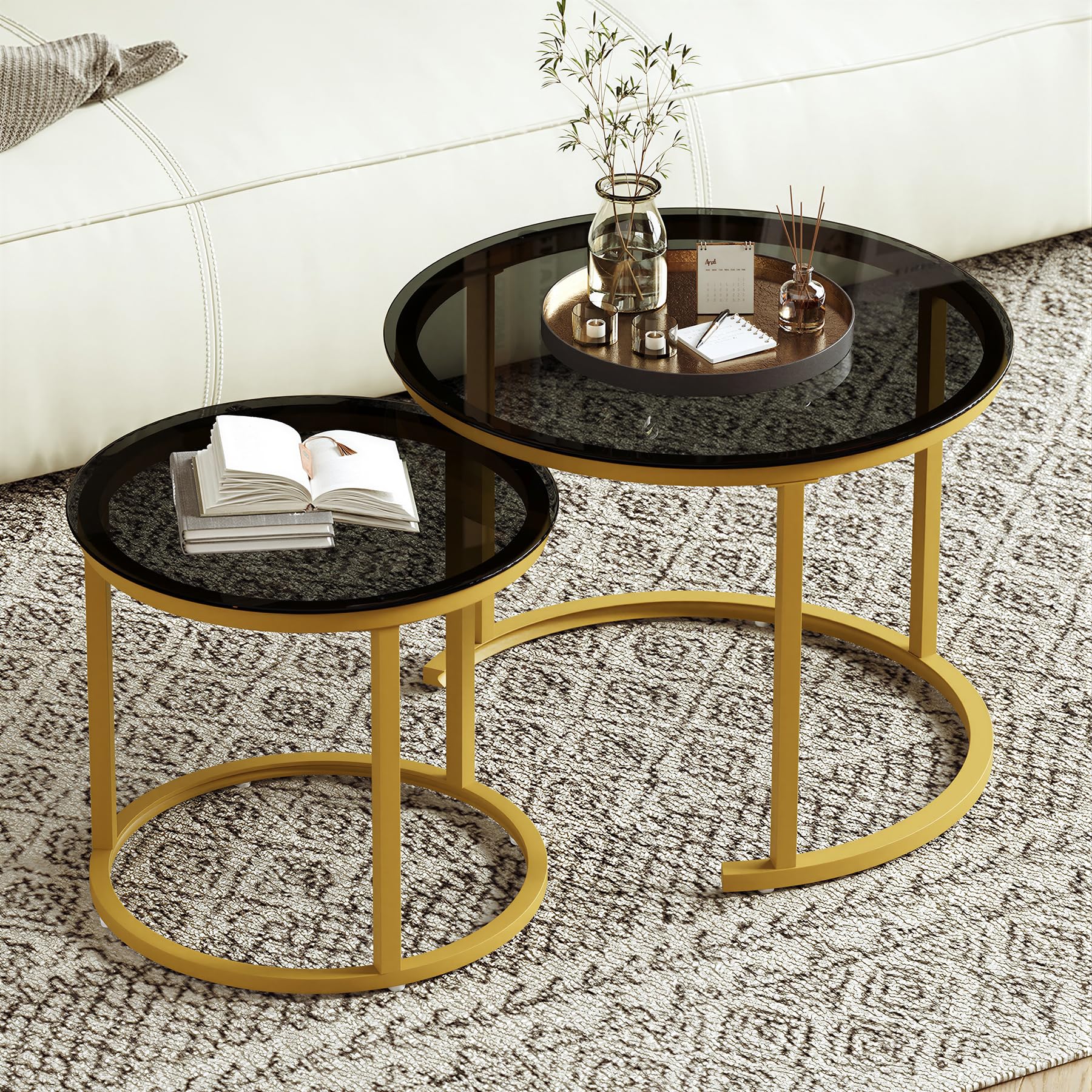 Hawthyhome 2 Stücke Beistelltisch Set rund, Couchtisch aus Glas mit Metallrahmen,Moderne Kaffeetische Satztische für Wohnzimmer Schlafzimmer Schwarz Glas2121