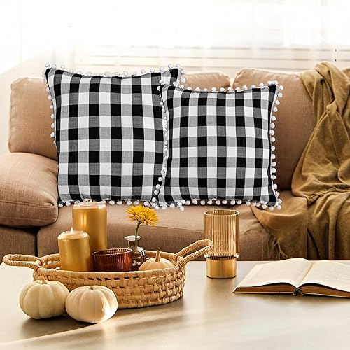 Miniatura 9 de ZJDECOR Juego de 2 fundas de almohada con pompones, fundas de almohada decorativas con pompones, fundas de cojín decorativas para sofá, 12 x 20