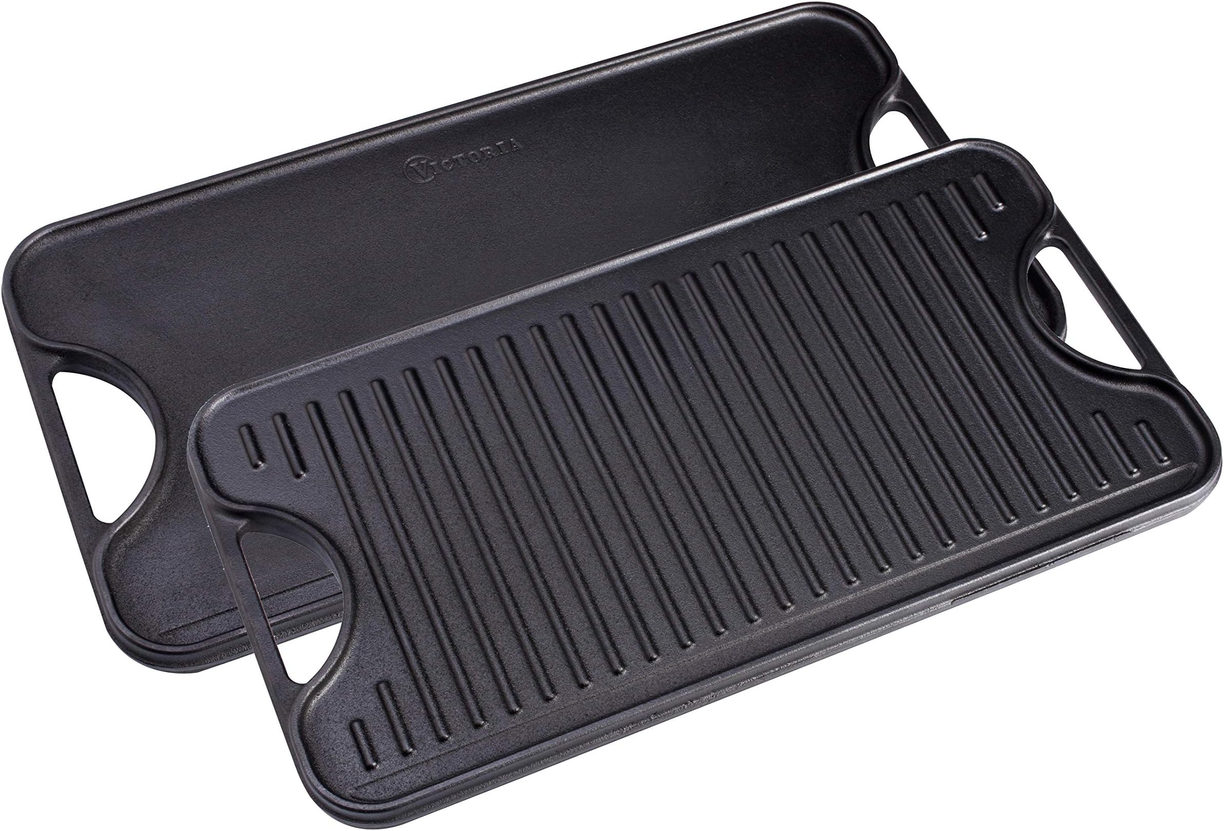 Victoria Rectangular Cast Iron Double Burner, Reversible Griddle Grill Seasoned with 100% Kosher Certified Non-GMO Flaxseed Oil, 18.5 x 10 Inch, Black