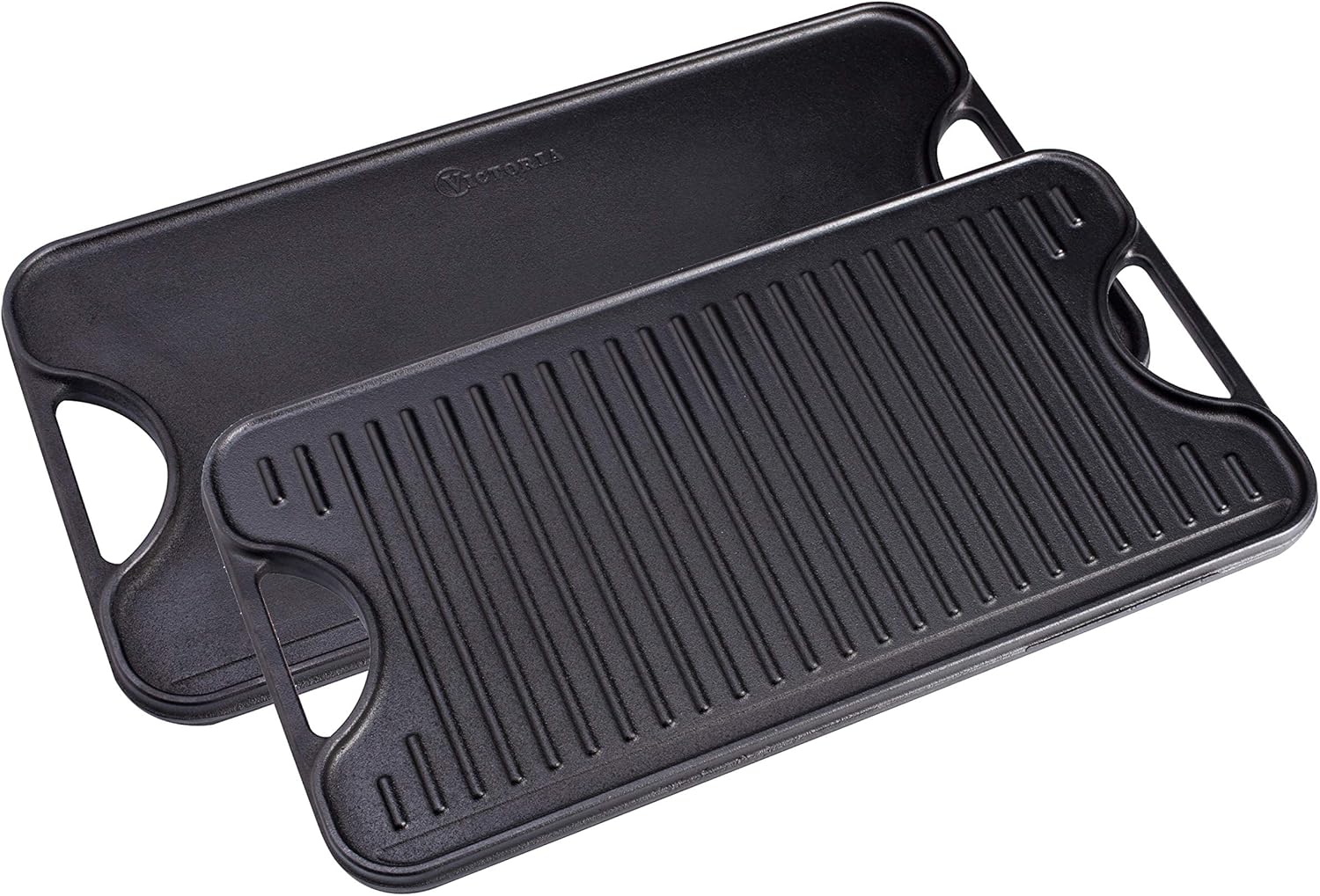 Victoria Rectangular Cast Iron Double Burner, Reversible Griddle Grill Seasoned with 100% Kosher Certified Non-GMO Flaxseed Oil, 18.5 x 10 Inch, Black: Home & Kitchen