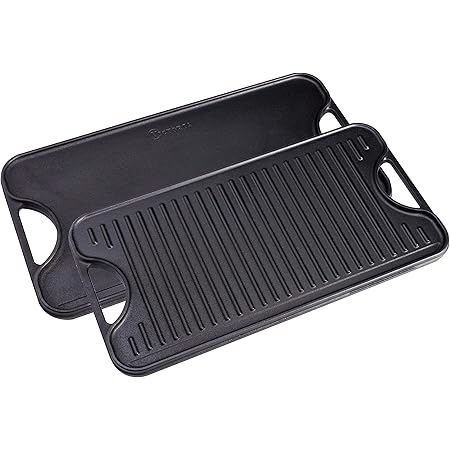Victoria Rectangular Cast Iron Double Burner, Reversible Griddle Grill Seasoned with 100% Kosher Certified Non-GMO Flaxseed Oil, 18.5 x 10 Inch, Black