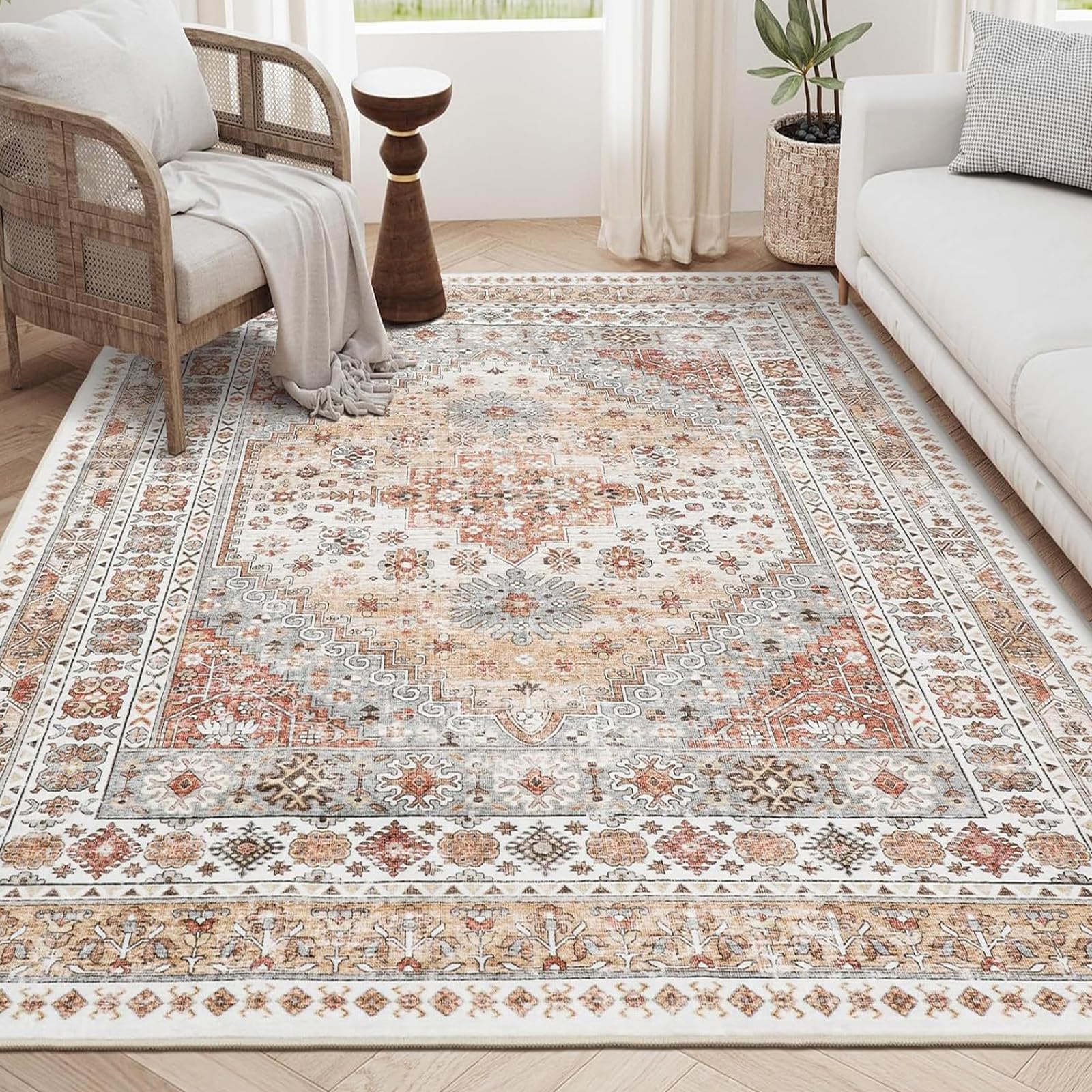 Generisch Teppich Läufer Flur,Grau Weiß Terrakotta Rot Orange Vintage, Mehrfarbig, 100 x 180 cm, Teppich Waschbar für Wohnzimmer Office Schlafzimmer Küchen Zuhause Innen Deko