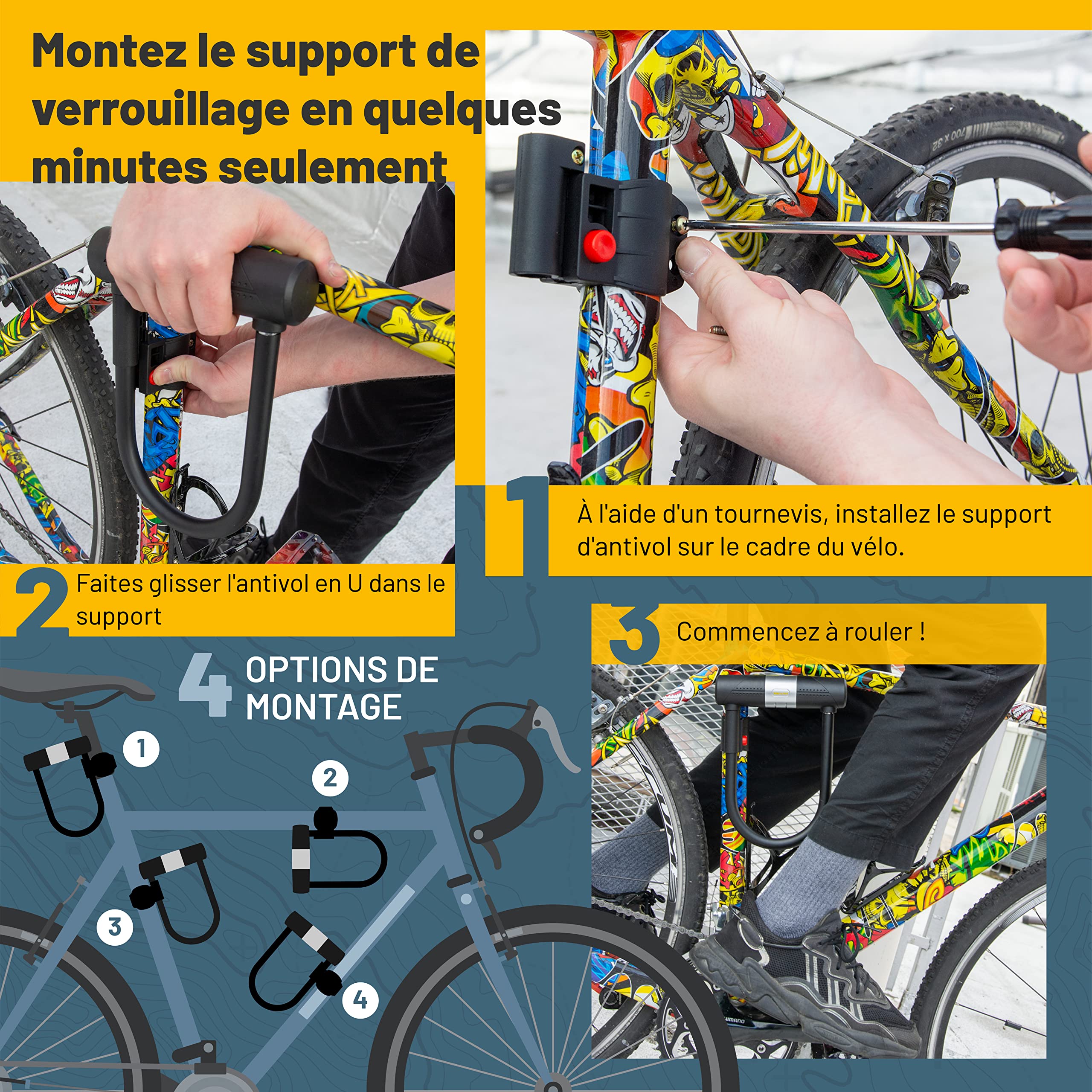 SIGTUNA Antivol Velo avec 1,2m Câble, 16 mm Robuste Antivol de Vélo et Support, 3 Clés de Haute Sécurité pour Vélo de Route, Vélo Pliant, Moto (Jaune)