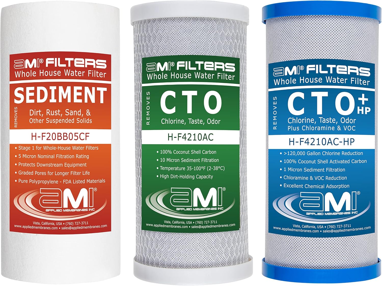 Applied Membranes Inc. 3-Stage Whole-House Water Filter Cartridge Replacements, Includes 10-Inch Sediment, Carbon, and Lead Filter Cartridges