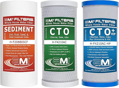 Applied Membranes Inc. 3-Stage Whole-House Water Filter Cartridge Replacements, Includes 10-Inch Sediment, Carbon, and Lead Filter Cartridges