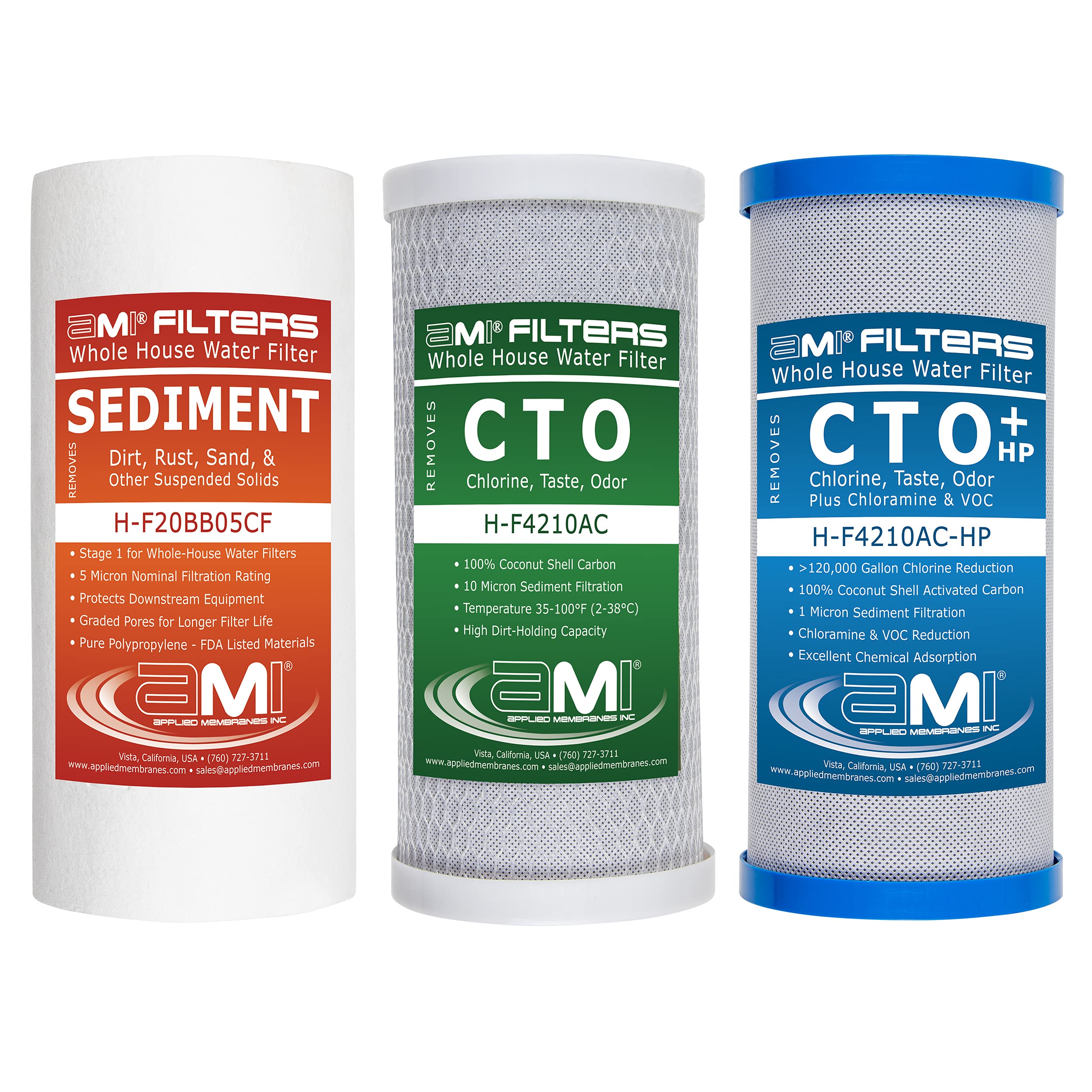APPLIED MEMBRANES INC. Whole House - Juego de cartuchos de filtro de repuesto para filtro de agua, 3 etapas, 4.5 x 10 pulgadas, filtros de sedimentos y bloques de carbono, se adapta a carcasas azules