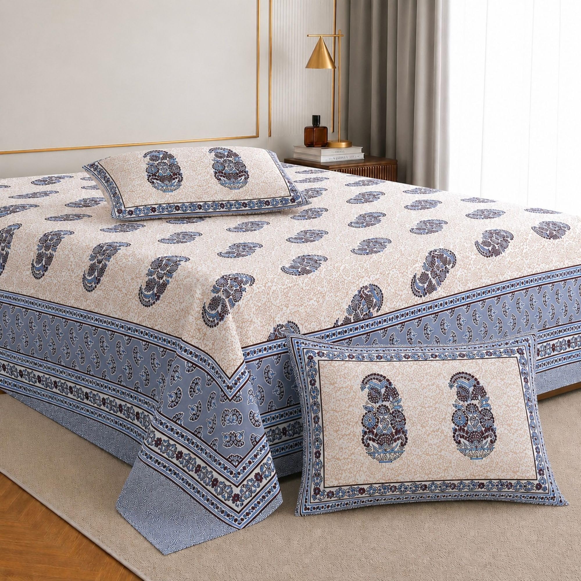 Jaipur Weaves Bedsheet King Size 100% Pure Cotton Bed Sheet with 2 Pillow Covers, Super Soft Cozy Bedsheets Set, Hand Block Pattern,108x108 inches/ 9ftx9ft (Blue Paisley, Super King)-image-45