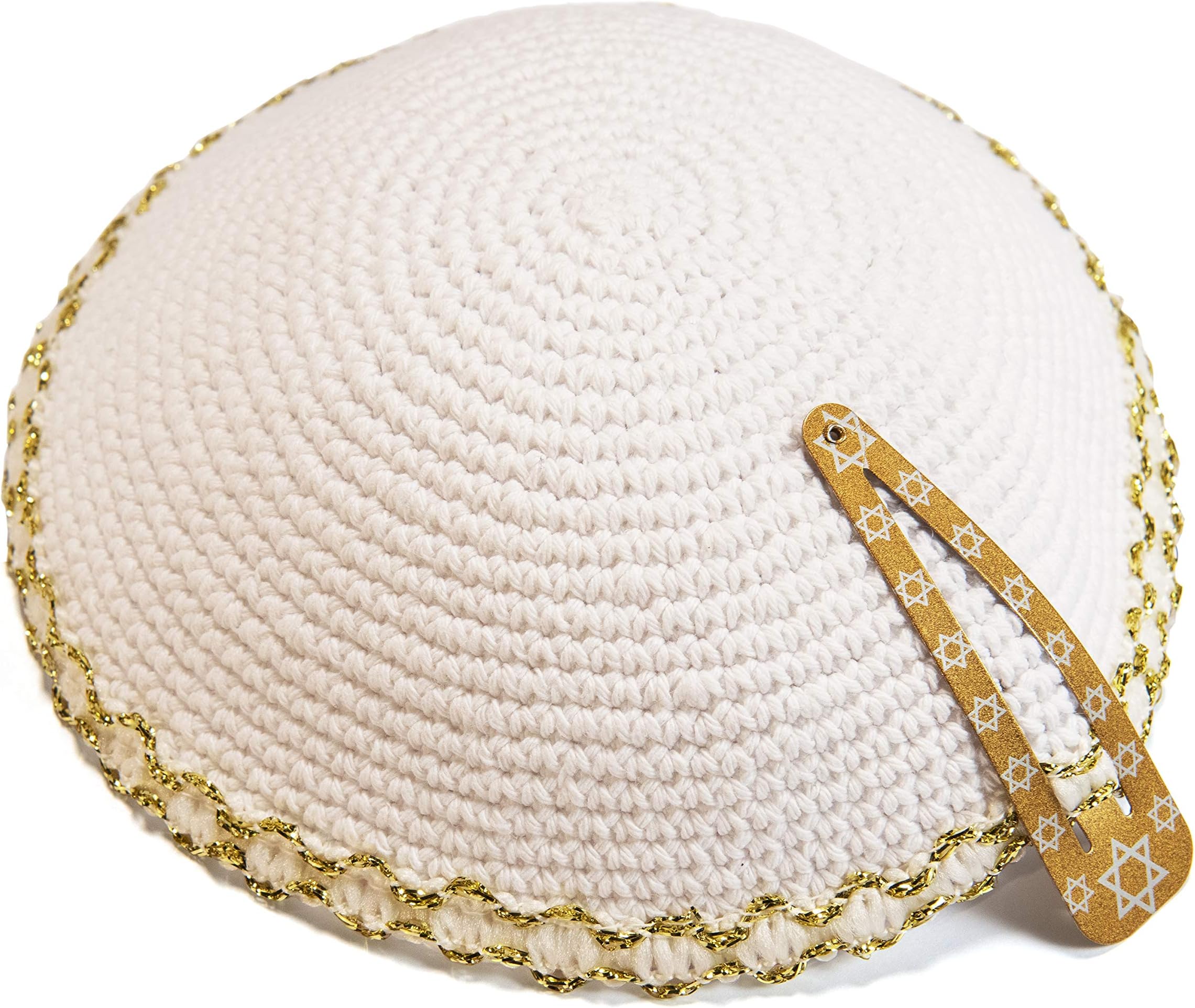 JL Kippha'sKnitted 17cm White Embroidered Gold Kippah Jewish Judaica Cap Yarmulke