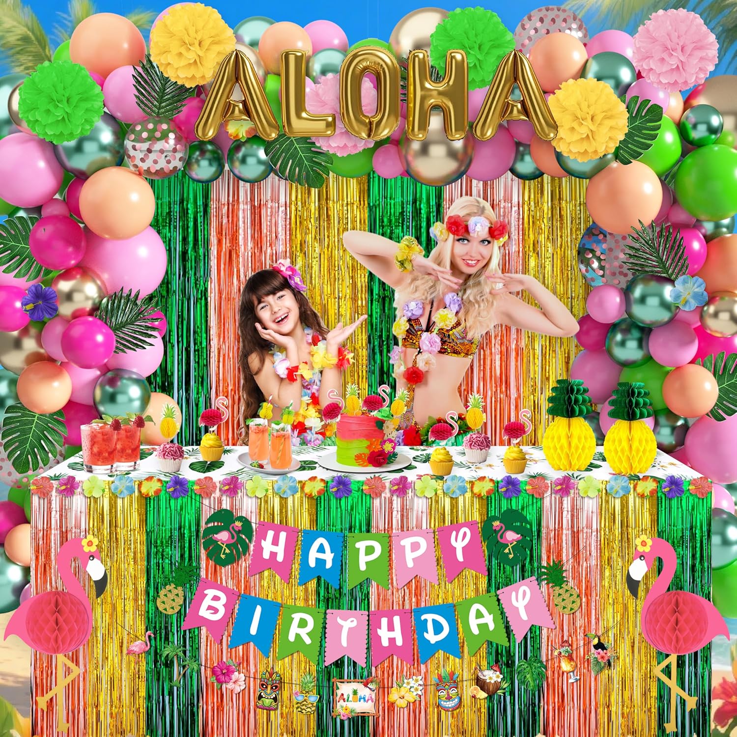 Hawaiian Luau Birthday Party Decorations - 192 Pcs Tropical Aloha Party Supplies with Fringe Curtains, Table Skirt, Balloon Arch Kit, Banner, for Beach Summer Holiday Theme