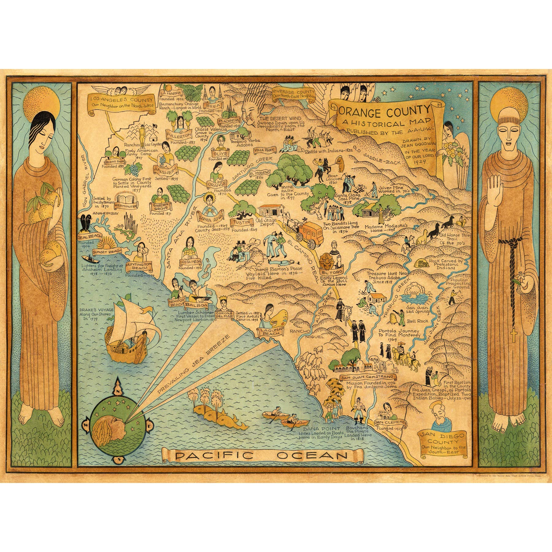 Artery8 Map Ames 1929 Historic Orange County California Pictorial Premium Wall Art Canvas Print 18X24 Inch