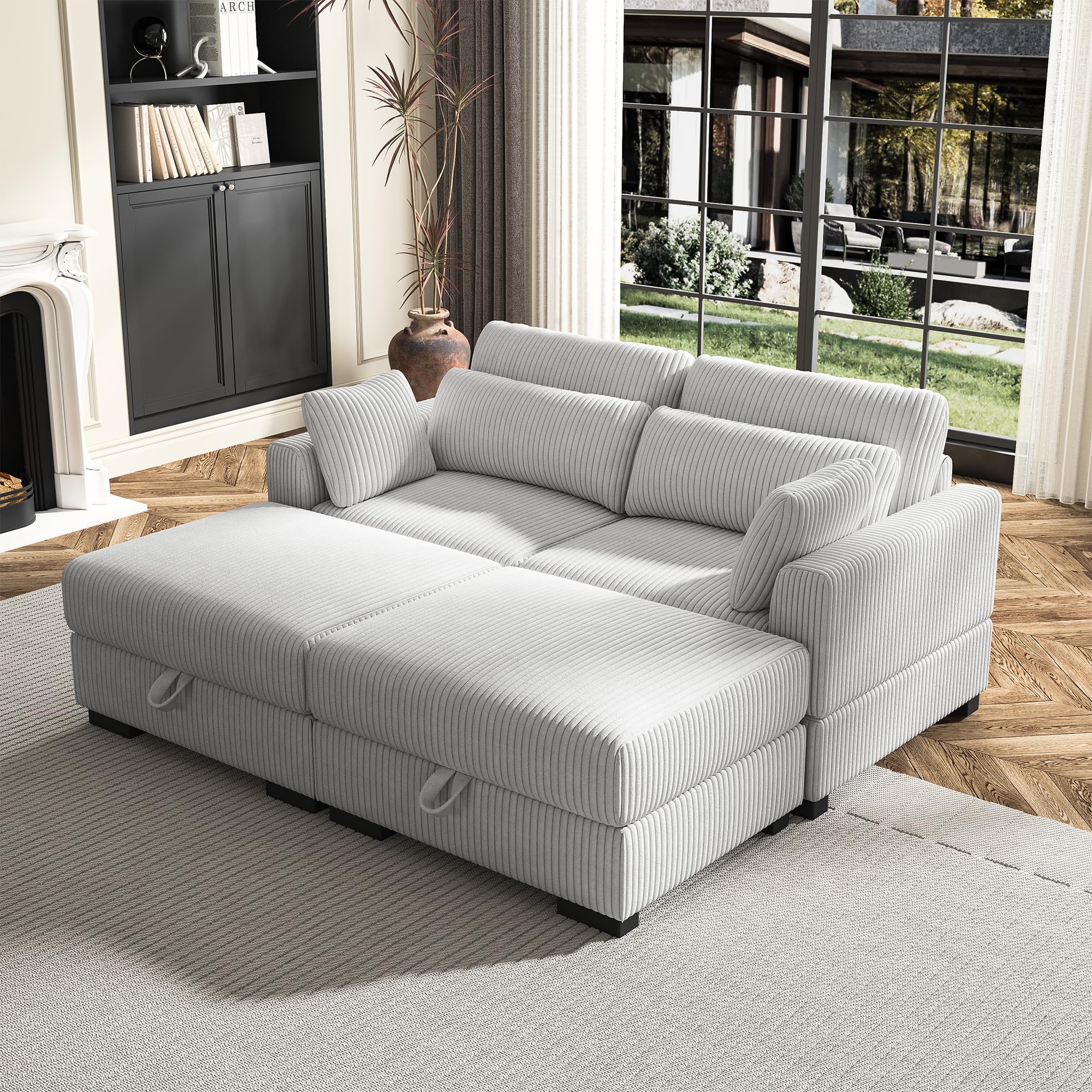 Modułowa 2-osobowa aksamitna sofa z szerokimi podłokietnikami, regulowane poduszki do siedzenia i otomana w zestawie stylowa szara kanapa do salonu dla 2 osób