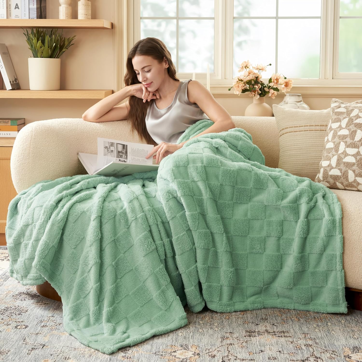 Joiedomi Twin Blanket for Bed, Soft Sage Green Fleece Checkered Blankets Gifts for Women Mom Girls, 280GSM Cozy Cute Soft Throw Home Room Decor Aesthetic Gifts 60x80 Inches - Image 2
