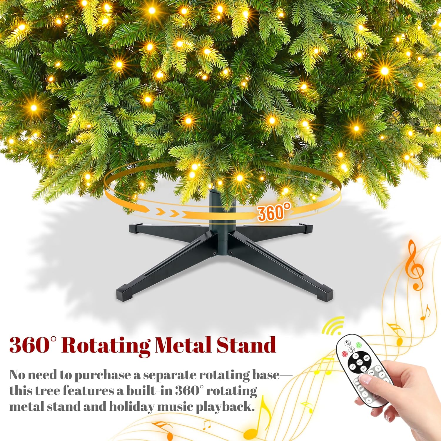 Larkvue Prelit 9FT Rotating Artificial Christmas Tree with 10 Light & Music Modes & Remote, 2512 Branches 600 LEDs PE/PVC Green Xmas Tree Decor