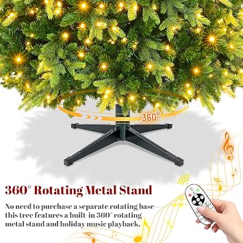 Larkvue Prelit 9FT Rotating Artificial Christmas Tree with 10 Light & Music Modes & Remote, 2512 Branches 600 LEDs PE/PVC Green Xmas Tree Decor