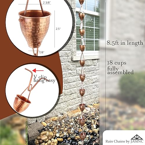 Miniatura 4 de Copas de cosquilleo de cobre puro de 8.5 pies, para reemplazar la canaleta de techo, con kit de instalación, colector de agua de lluviadesviador de