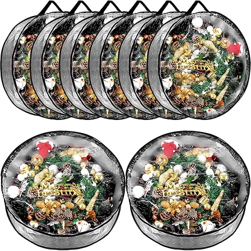 Vista 25 de Dunzy 8 contenedores de corona de Navidad, bolsa de almacenamiento de guirnalda resistente a desgarros, cajas redondas con ventana transparente