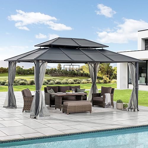Sunjoy Gazebo de techo rígido de 12 x 16 pies, con marco de acero resistente, doble nivel, para exteriores, con gancho de techo y paredes laterales