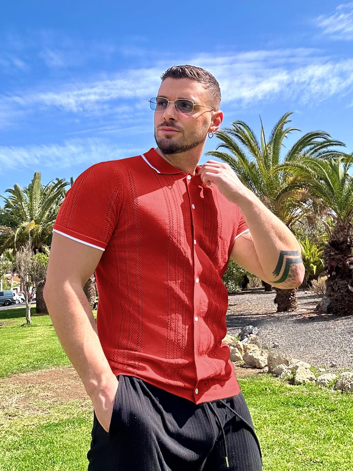 COOFANDY Men's Knit Button Down Shirt Vintage Short Sleeve Polo Shirts Casual Beach Tops