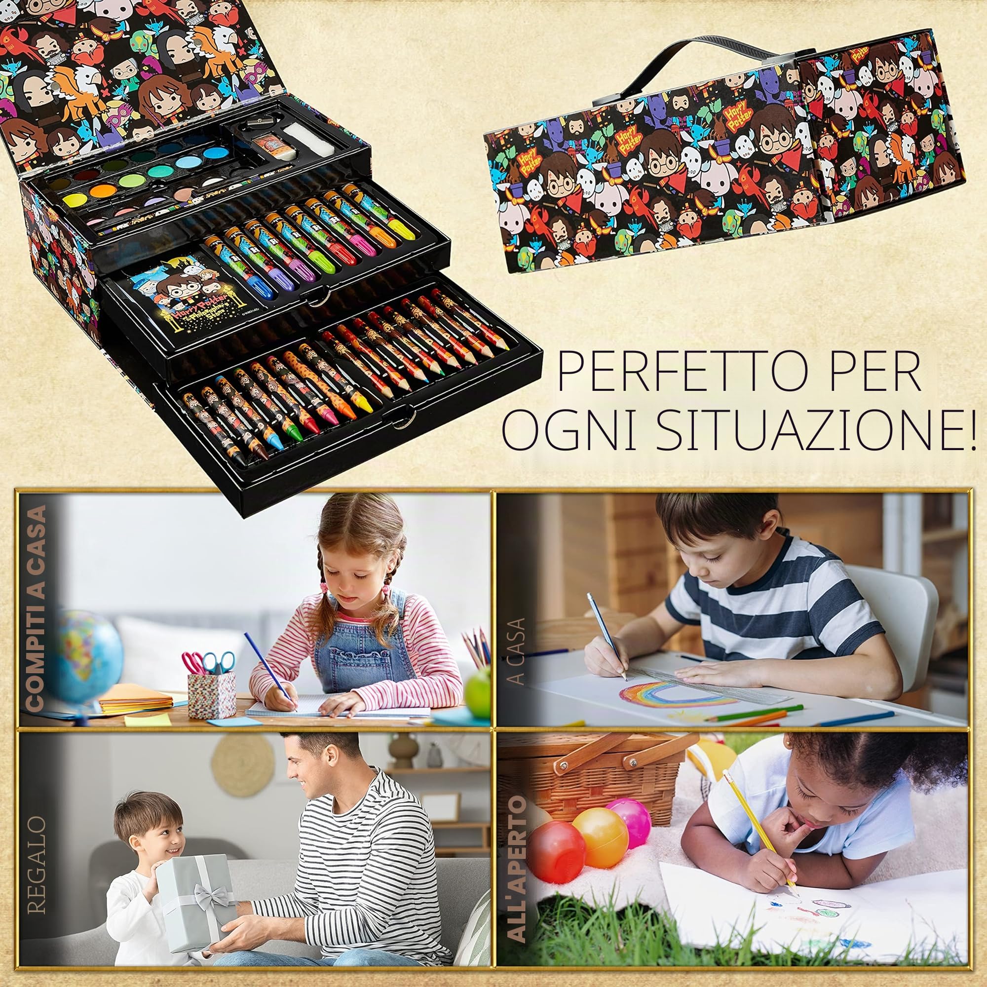 HARRY POTTER Valigetta Colori per Bambini 40+ pzs, Kit Disegno e Pittura con Pennarelli e Matite Colorate