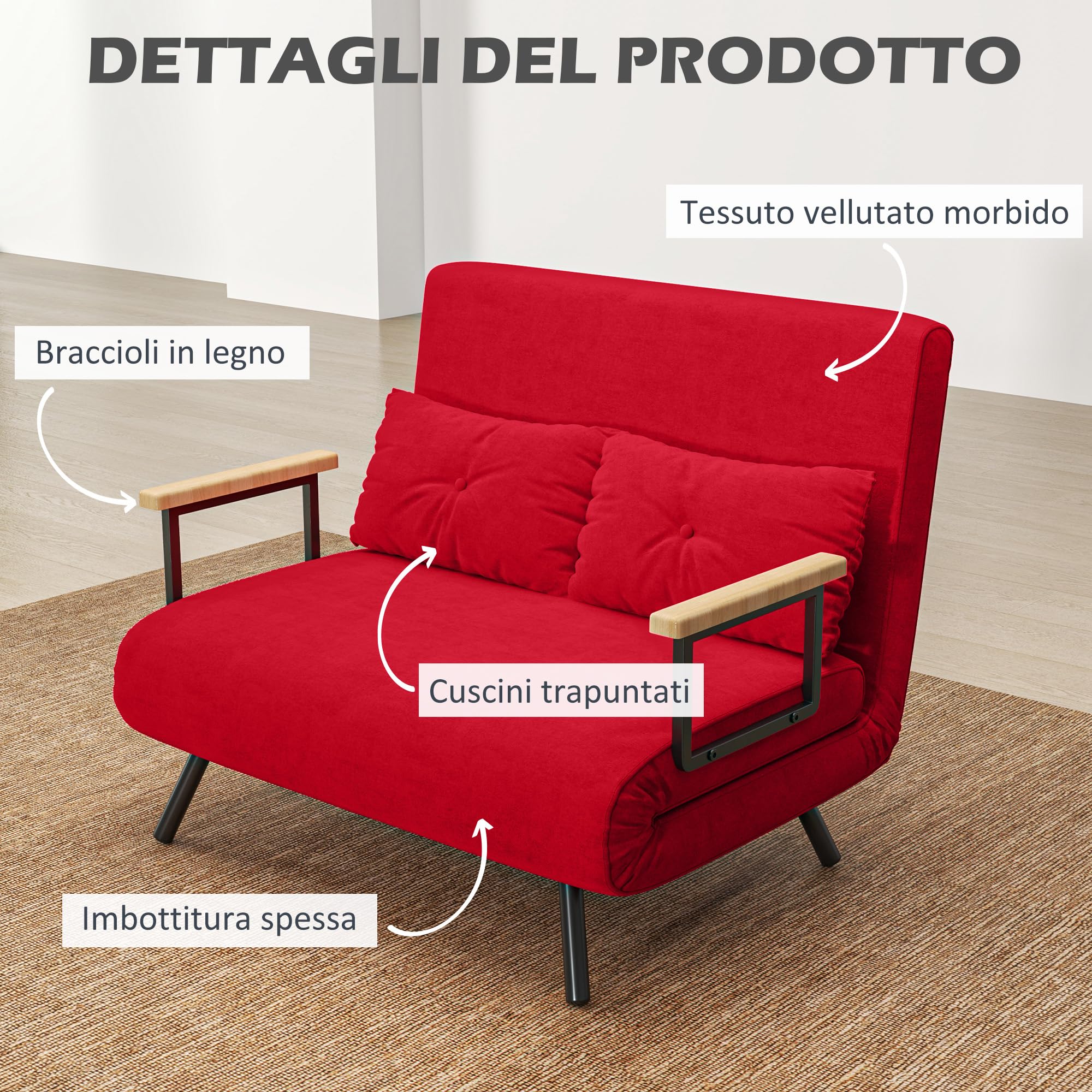 HOMCOM 4 in 1 Divano Letto 2 Posti, con Schienale Regolabile in 5 Posizioni, Divano Letto Matrimoniale Pieghevole con 2 Cuscini, Seduta Imbottita, in Velluto per Casa e Ufficio, 102x73x81 cm, Rosso