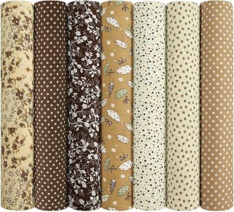 7pcs Fabric Bundles, 20"x20" Cotton Quilting Fabric Squares, Soft Durable Material & Stylish Patterns, Floral Precut Squares Patchwork for Quilting, Sewing, DIY Crafts, Mask, Home D cor, Brown