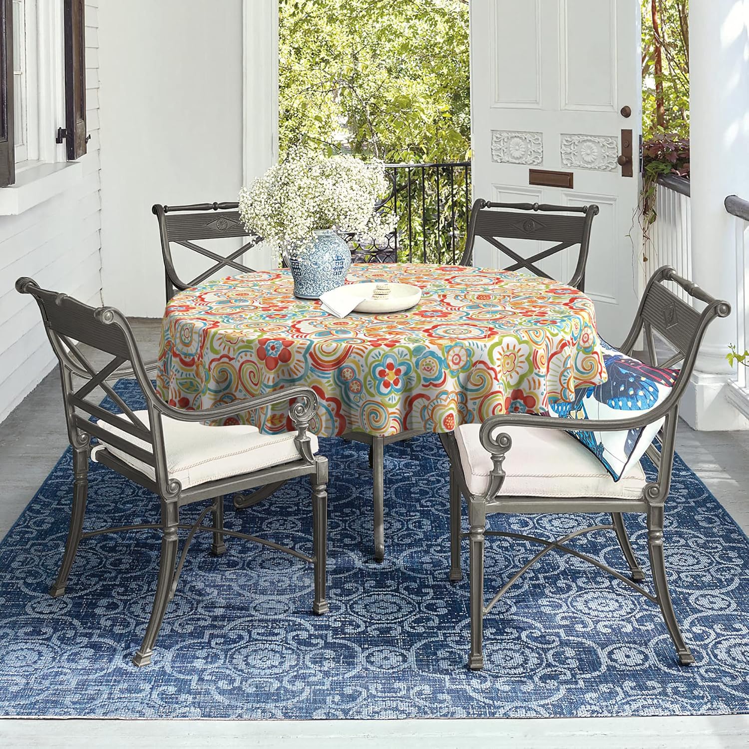 LVTXIII Outdoor Tablecloth with Umbrella Hole and Zipper, 60 Inch Water-Repellent Patio Table Cloth, Round Table Covers for Backyard Garden, Flower Red