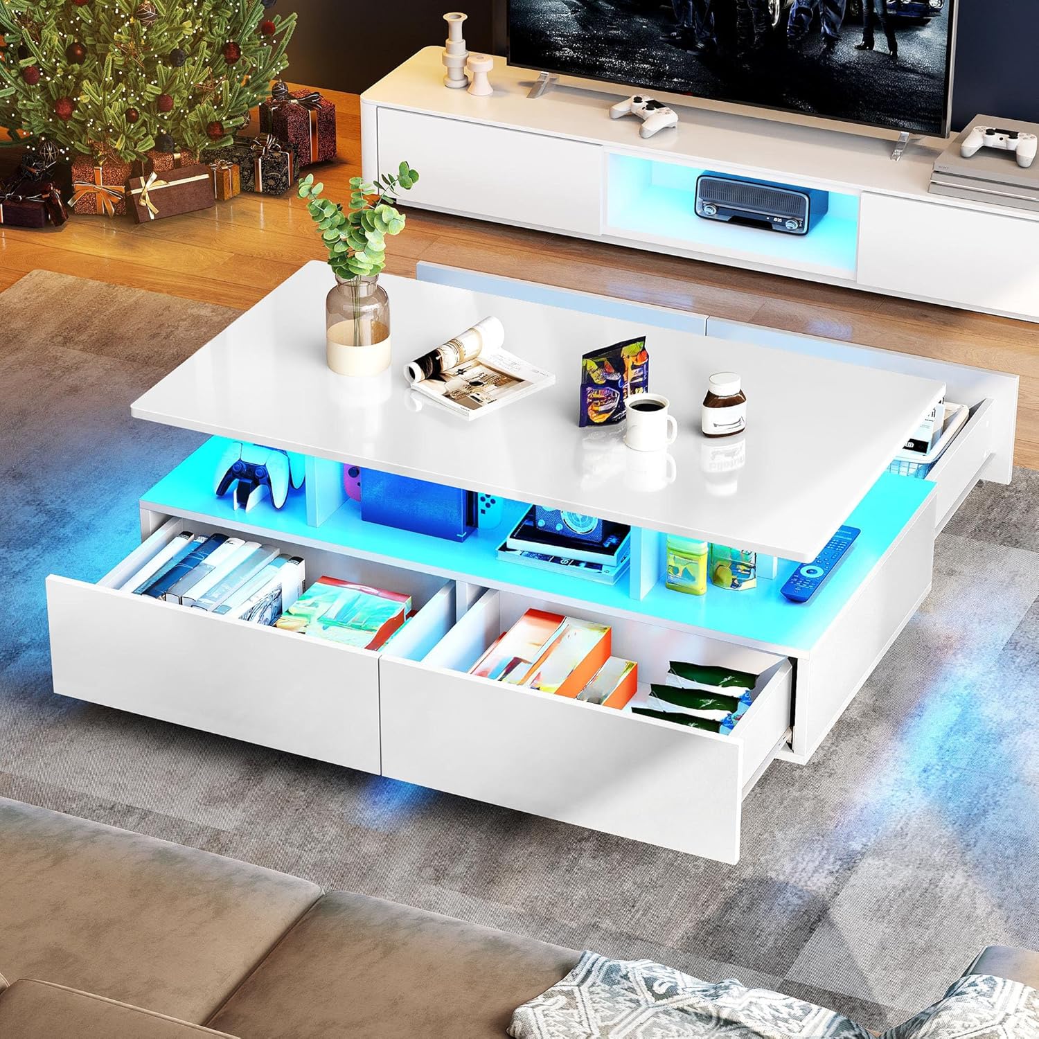 YITAHOME coffee table with drawers open, showing internal structure