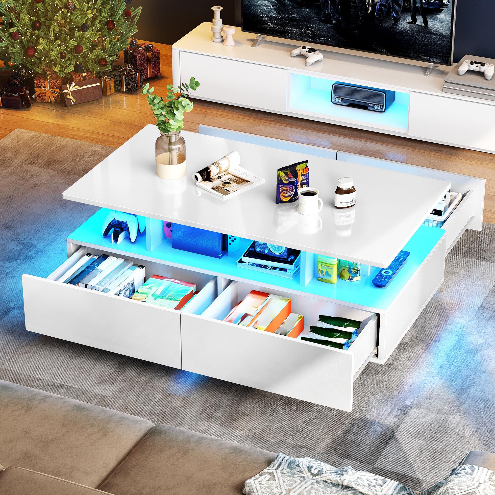 YITAHOME Mesa de Centro con 16 Colores LED para Sala, Mesa Cafe Madera con Estante Abierto y 4 cajones, Mesa de Centro Blanca Moderna