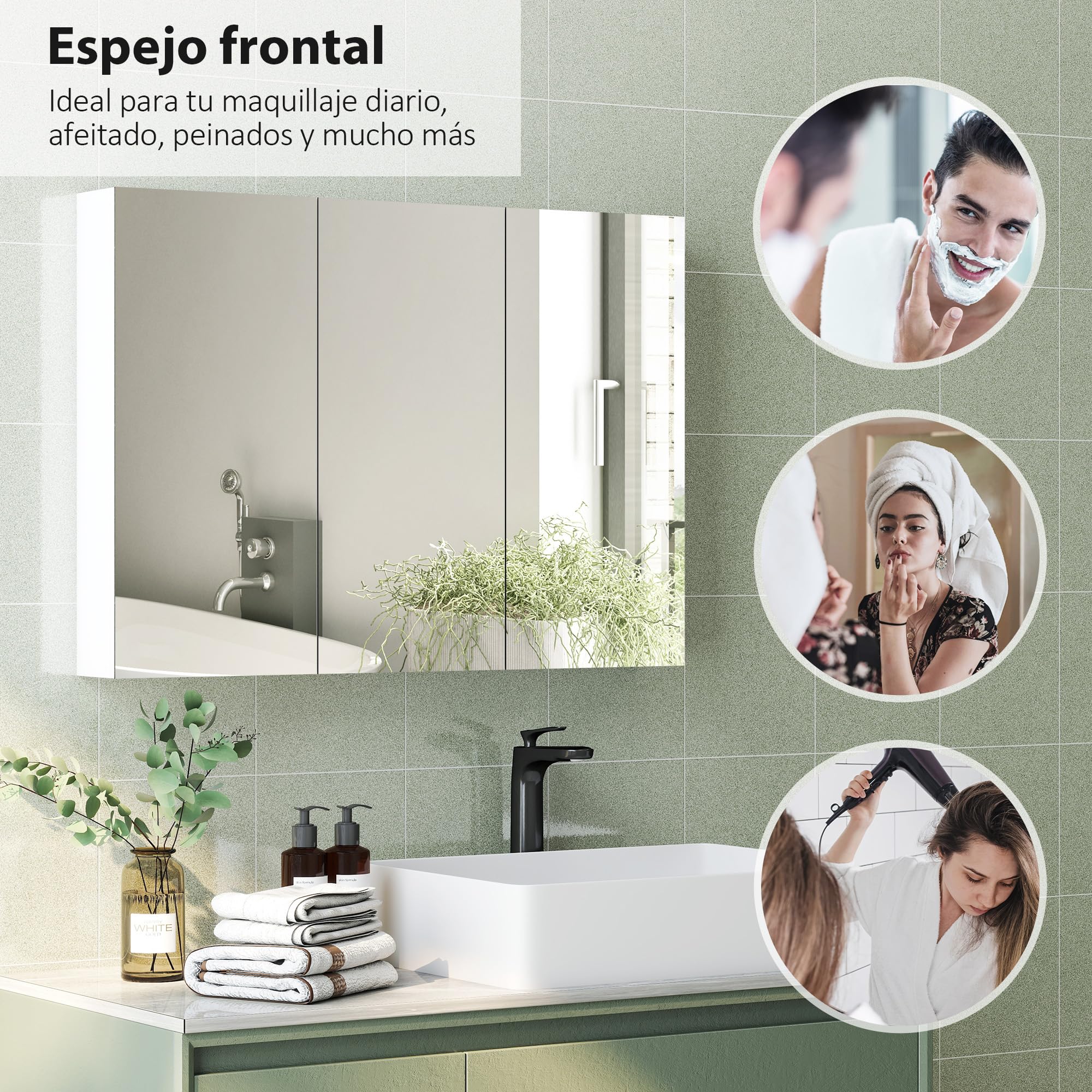 HOMCOM Armario de Baño con Espejo Armario de Pared para Baño de Colgar con 3 Puertas y Estantes Regulables 91,5x11,5x65 cm Blanco