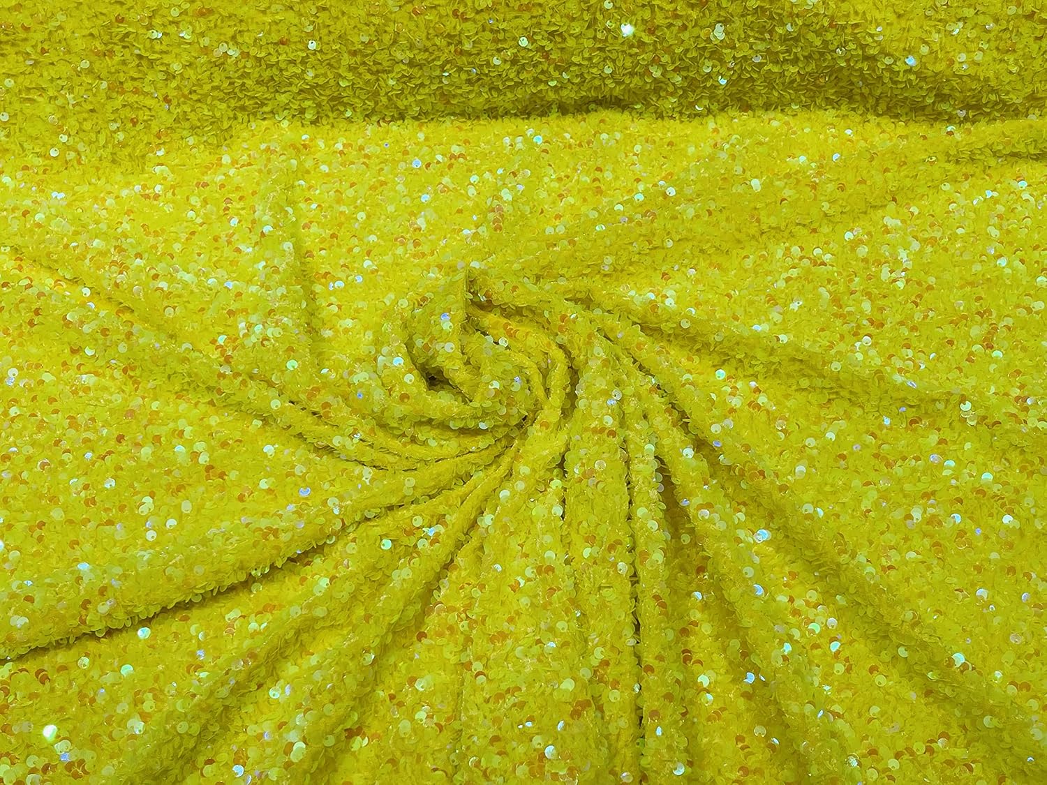 New Creations Fabric & Foam Inc, 54" Stretch Velvet with Luxury Sequins All Over 5mm Shining Sequins 2-Way Stretch (Yellow Iridescent/Yellow, 1 Yard)