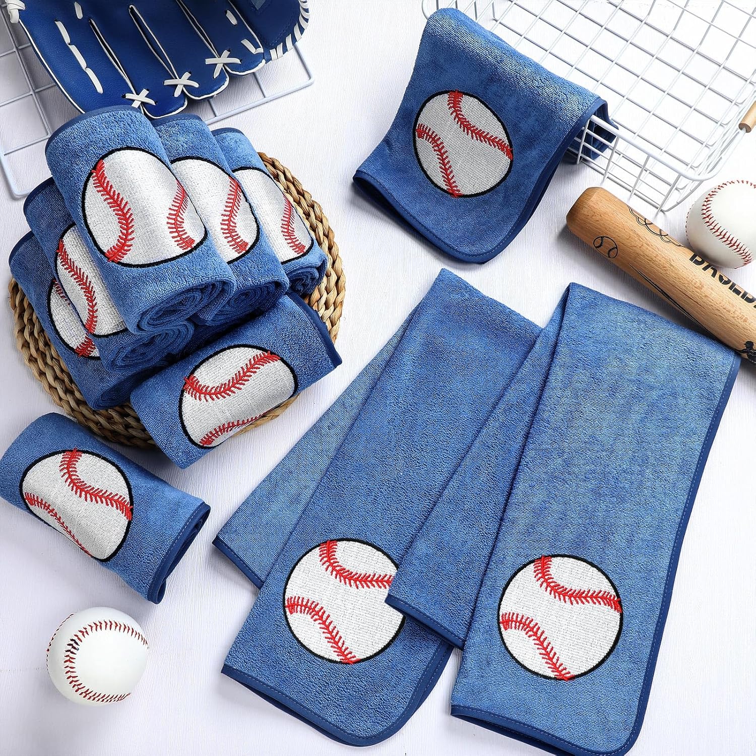 Fanfanwin 12 Pcs Baseball Towel Gift Sweat Hand Microfiber Workout Towel Senior Night Embroidered Sports Team Gifts Bath Face Washrag for Bathroom Kitchen Gift Gym Favor, 11.81 x 27.56 Inch (Blue)