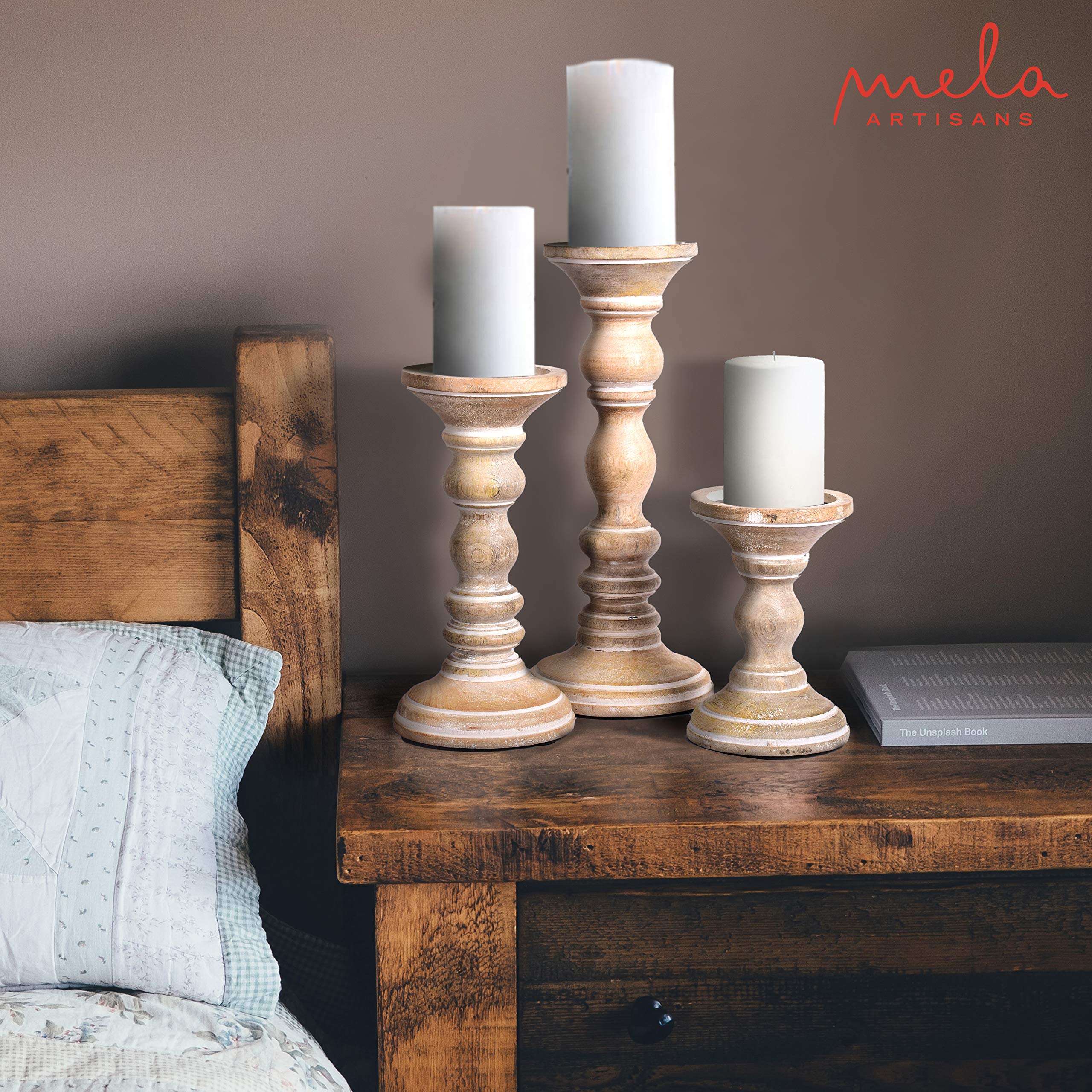 Rustic Wood Candle Holders, Set of 3 Hand Carved Decorative Candle
