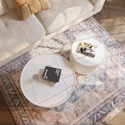 Miniatura 85 de Mesa auxiliar redonda moderna, mesa auxiliar de sofá de mármol sintético con base cubierta de cuero sintético en forma de cuenco, mesa auxiliar