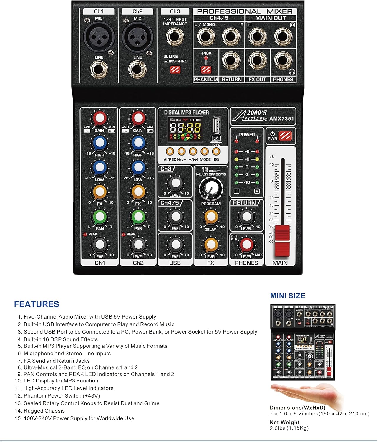 Audio2000'S S7351 Five-Channel Audio Mixer with USB 5V Power Supply, USB Interface, and Sound Effect