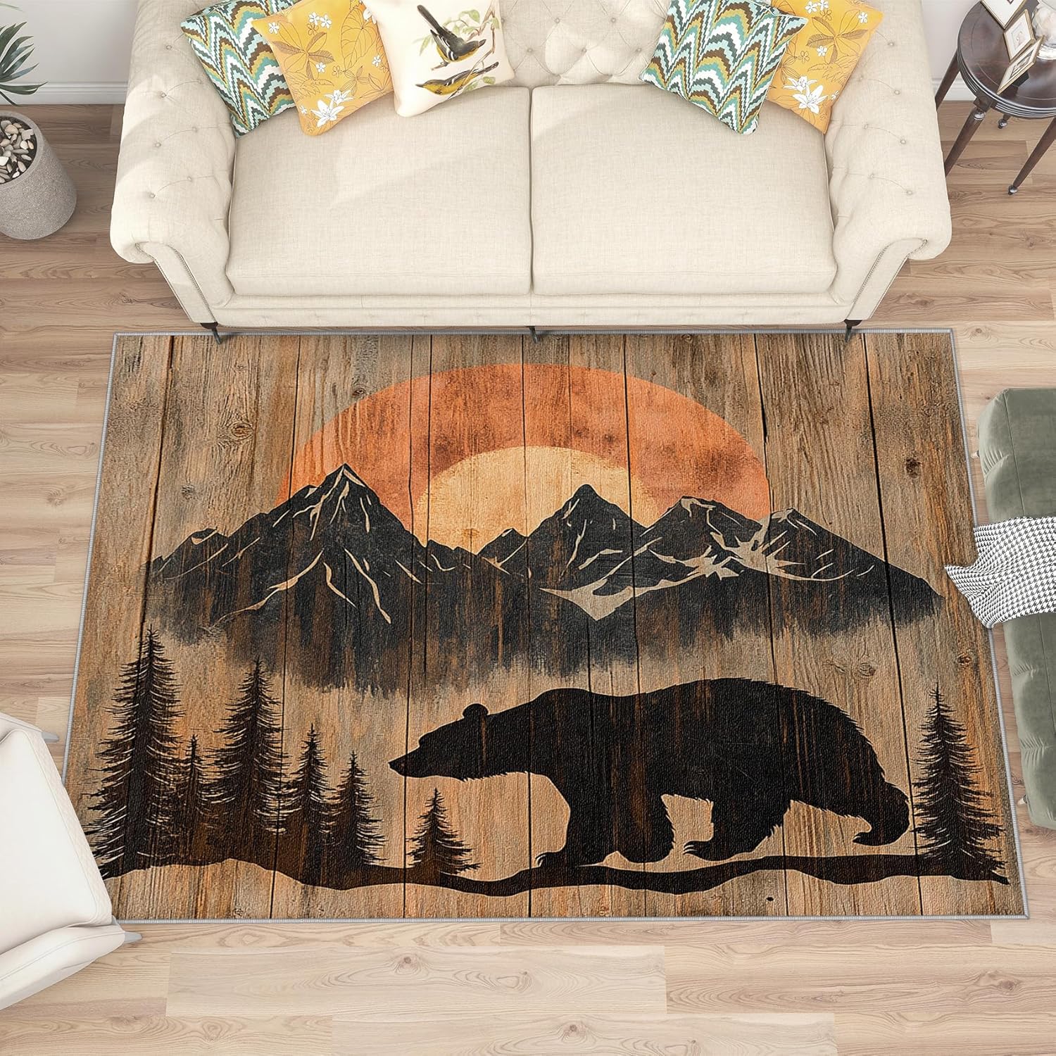 Bear Rugs for Cabin - 2x3 Rug, Rustic Lodge Area Rug, Forest Bear Silhouette Washable Non Slip Soft Rugs, Hunting Wildlife Carpet, Distressed Cabin Home Decor, Hunting Gifts for Men
