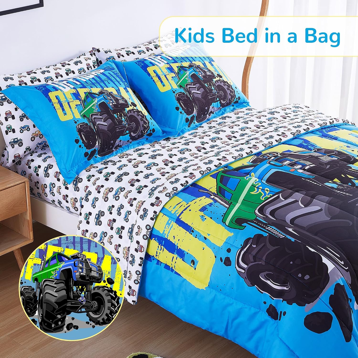 Viviland Kids Bedding Set Twin - Oeko-TEX 100 Certified Road Truck Comforter Set Bed in a Bag, Soft Breathable Microfiber Bedding with Sheets/Pillows, Cool Road Truck Adventure Theme for Boys