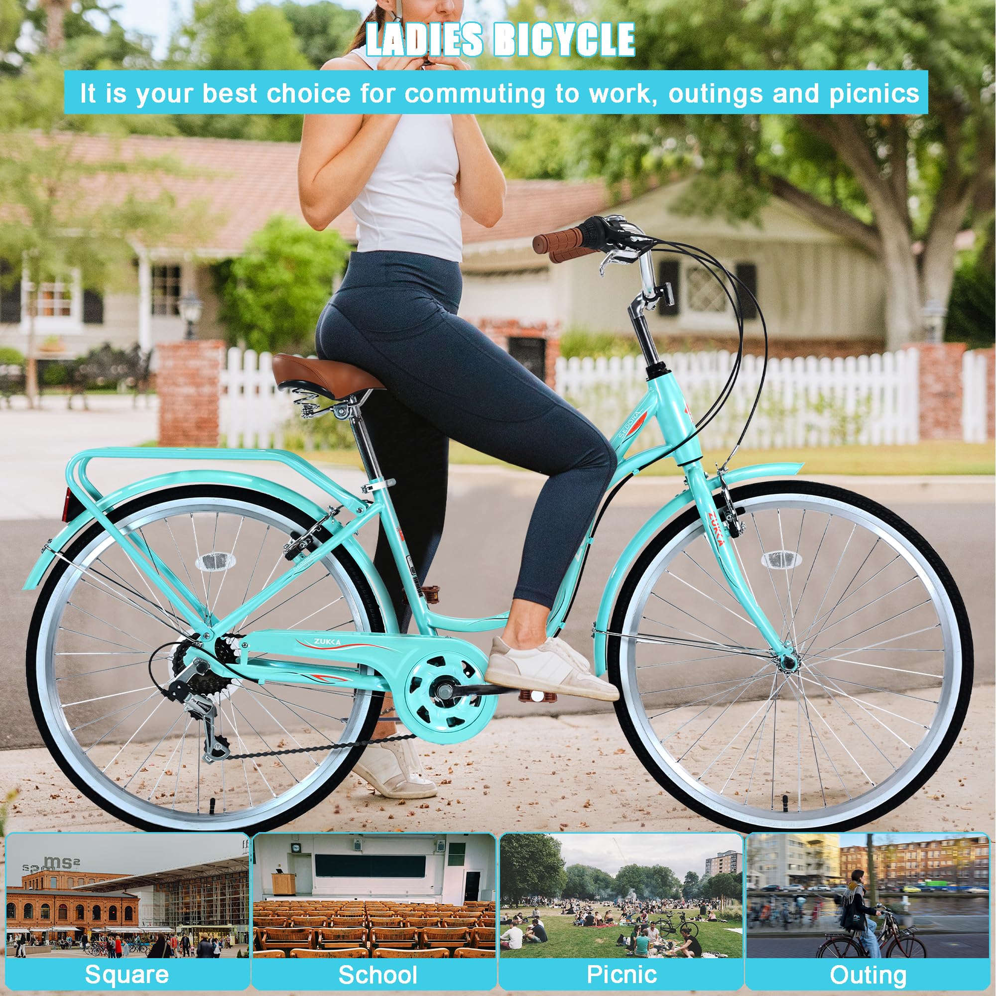 Hybrid Bikes 26 Inch Beach Cruiser Bike For Women, Speed Commute