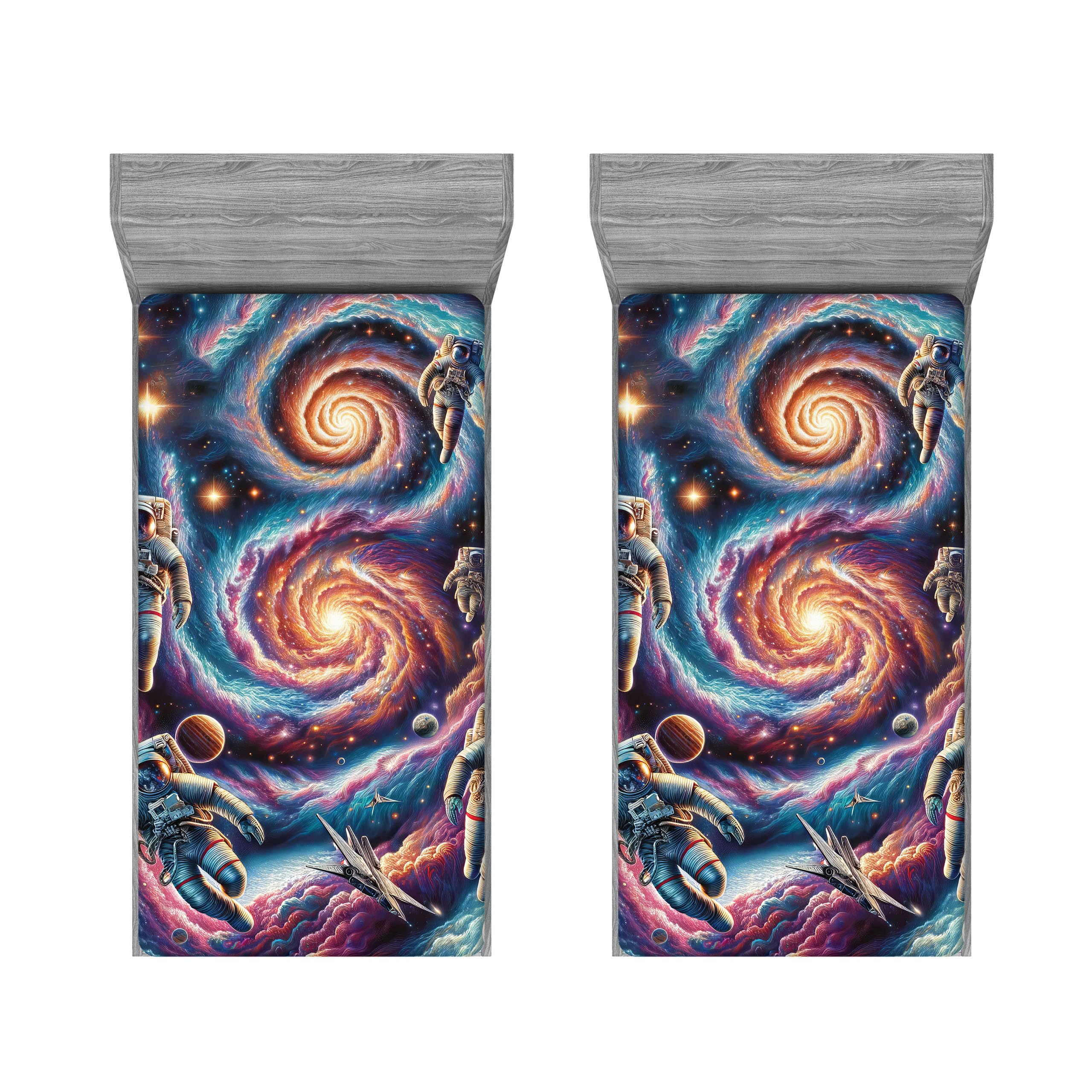 Ambesonne Outer Galaxy 2 Pack Fitted Sheet, Futurist Astronauts, Bed Cover All-Round Elastic Deep Pockets 2 Pieces, Package Contains 2 Twin XL Size Fitted Sheets, Purple Blue Multicolor