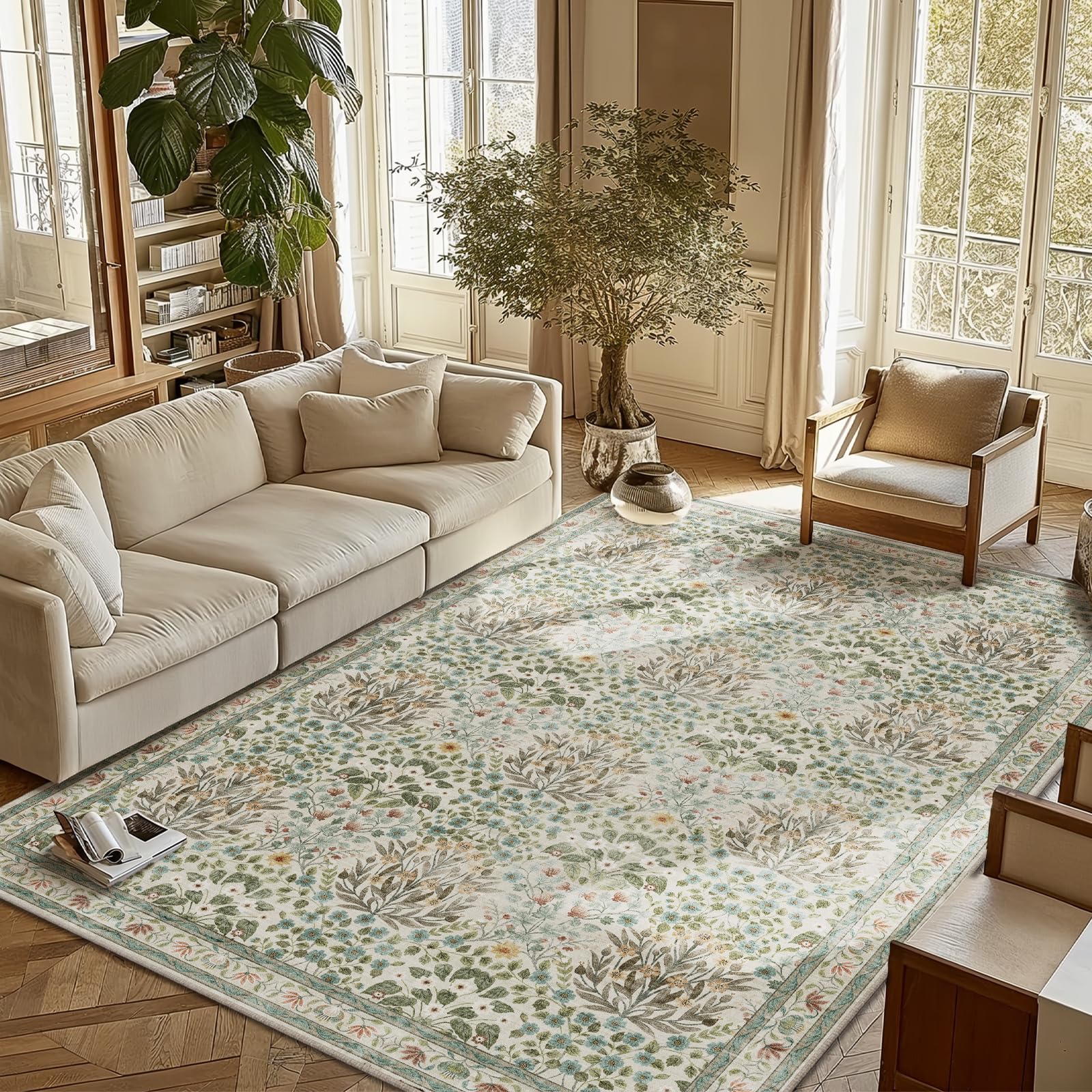 Washable Area Rug 6x9 - Oriental Vintage Dining Room Rug for Living Room, Bedroom, Kids Playroom &amp; Baby Nursery - Low Pile, Non-Slip, Lightweight &amp; Stain Resistant